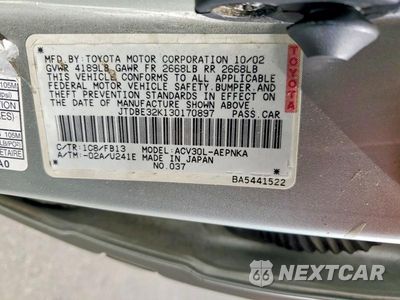 Zdjęcie 13 z 13 samochodu: 2003 TOYOTA CAMRY LE VIN:JTDBE32K130170897 - miniatura