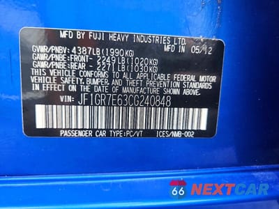 Zdjęcie 12 z 12 samochodu: 2012 SUBARU IMPREZA WRX VIN:JF1GR7E63CG240848 - miniatura