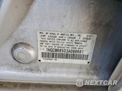 Zdjęcie 12 z 12 samochodu: 2003 HONDA ACCORD EX VIN:1HGCM66503A098681 - miniatura