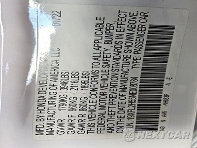 Zdjęcie 12 z 12 samochodu: 2022 HONDA CIVIC LX VIN:19XFL2H55NE008784 - miniatura