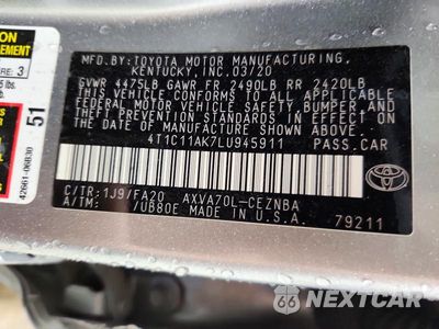 Zdjęcie 12 z 12 samochodu: 2020 TOYOTA CAMRY LE VIN:4T1C11AK7LU945911 - miniatura