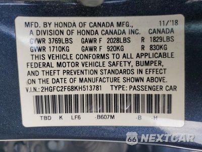Zdjęcie 13 z 13 samochodu: 2019 HONDA CIVIC LX VIN:2HGFC2F68KH513781 - miniatura