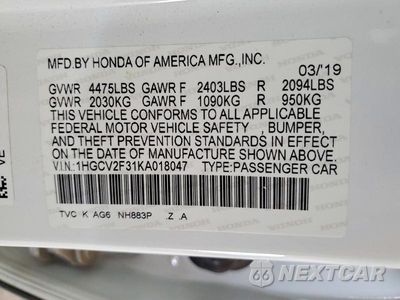 Zdjęcie 12 z 12 samochodu: 2019 HONDA ACCORD SPORT VIN:1HGCV2F31KA018047 - miniatura