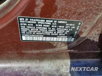 Zdjęcie 12 z 12 samochodu: 2012 VOLKSWAGEN PASSAT SE VIN:1VWBH7A38CC067836 - miniatura