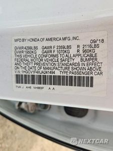 Zdjęcie 12 z 12 samochodu: 2018 HONDA ACCORD EX VIN:1HGCV1F4XJA241494 - miniatura