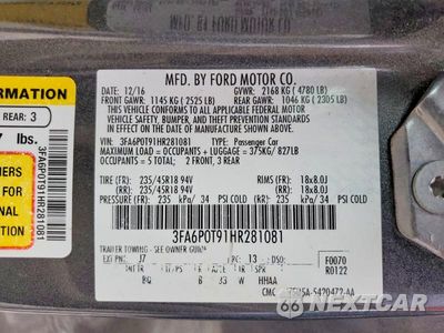 Zdjęcie 12 z 12 samochodu: 2017 FORD FUSION SE VIN:3FA6P0T91HR281081 - miniatura
