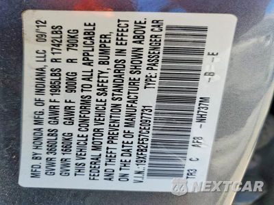 Zdjęcie 12 z 12 samochodu: 2012 HONDA CIVIC LX VIN:19XFB2F57CE097731 - miniatura