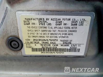 Zdjęcie 12 z 12 samochodu: 2004 NISSAN SENTRA 1.8 VIN:3N1CB51D64L914593 - miniatura