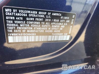Zdjęcie 12 z 12 samochodu: 2013 VOLKSWAGEN PASSAT SE VIN:1VWBH7A31DC004353 - miniatura