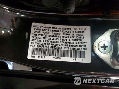 Zdjęcie 12 z 12 samochodu: 2013 HONDA CIVIC EX VIN:19XFB2F83DE008443 - miniatura