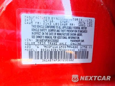 Zdjęcie 13 z 13 samochodu: 2019 NISSAN SENTRA SV VIN:3N1AB7AP3KY230582 - miniatura