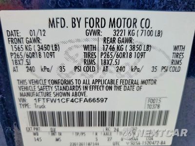 Zdjęcie 12 z 12 samochodu: 2012 FORD F150 SUPERCREW VIN:1FTFW1CF4CFA66597 - miniatura