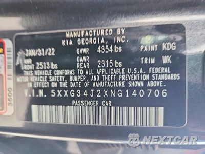Zdjęcie 12 z 12 samochodu: 2022 KIA K5 EX VIN:5XXG34J2XNG140706 - miniatura