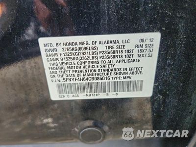 Zdjęcie 13 z 13 samochodu: 2012 HONDA PILOT EXL VIN:5FNYF4H64CB086016 - miniatura