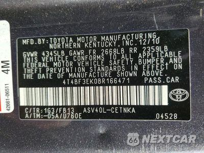Zdjęcie 12 z 12 samochodu: 2011 TOYOTA CAMRY LE VIN:4T4BF3EK0BR166471 - miniatura