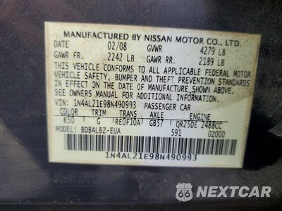 Zdjęcie 12 z 12 samochodu: 2008 NISSAN ALTIMA 2.5 VIN:1N4AL21E98N490993 - miniatura