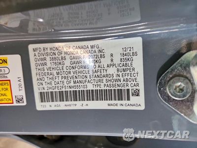 Zdjęcie 12 z 12 samochodu: 2022 HONDA CIVIC SPORT VIN:2HGFE2F51NH555103 - miniatura