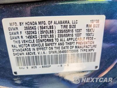 Zdjęcie 13 z 13 samochodu: 2009 HONDA ODYSSEY EX VIN:5FNRL38489B033995 - miniatura