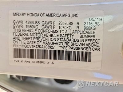 Zdjęcie 12 z 12 samochodu: 2019 HONDA ACCORD EX VIN:1HGCV1F42KA105927 - miniatura