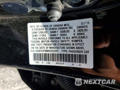 Zdjęcie 12 z 12 samochodu: 2019 HONDA CIVIC SPORT VIN:2HGFC2F88KH533305 - miniatura