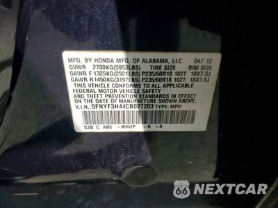 Zdjęcie 13 z 13 samochodu: 2012 HONDA PILOT EX VIN:5FNYF3H44CB027203 - miniatura