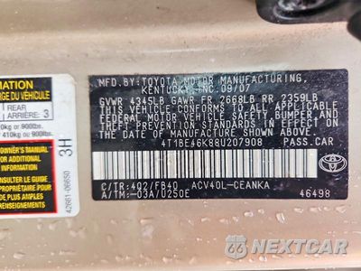 Zdjęcie 12 z 12 samochodu: 2008 TOYOTA CAMRY LE VIN:4T1BE46K88U207908 - miniatura