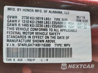 Zdjęcie 13 z 13 samochodu: 2019 HONDA ODYSSEY EXL VIN:5FNRL6H71KB116380 - miniatura