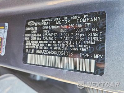 Zdjęcie 12 z 12 samochodu: 2019 HYUNDAI TUCSON SE VIN:KM8J2CA43KU064316 - miniatura