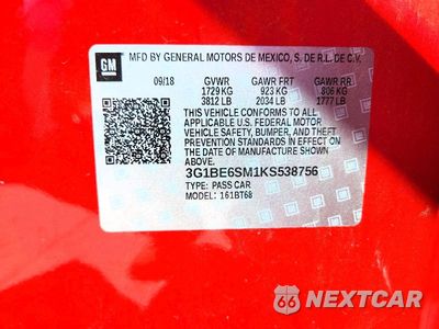 Zdjęcie 12 z 12 samochodu: 2019 CHEVROLET CRUZE LT VIN:3G1BE6SM1KS538756 - miniatura