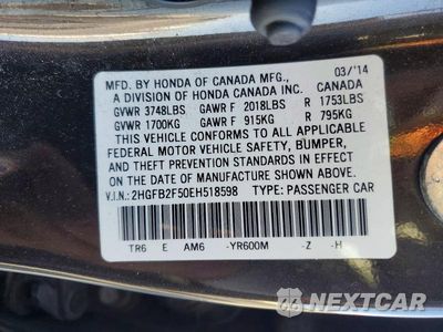 Zdjęcie 12 z 12 samochodu: 2014 HONDA CIVIC LX VIN:2HGFB2F50EH518598 - miniatura