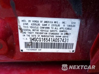 Zdjęcie 12 z 12 samochodu: 2001 HONDA ACCORD EX VIN:1HGCG16541A057431 - miniatura