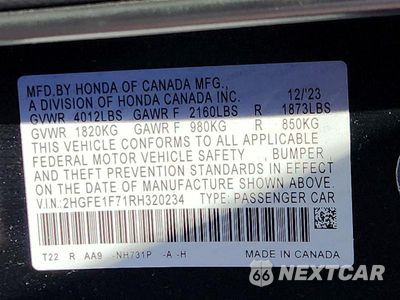 Zdjęcie 12 z 12 samochodu: 2024 HONDA CIVIC EX VIN:2HGFE1F71RH320234 - miniatura