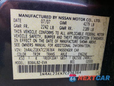 Zdjęcie 12 z 12 samochodu: 2007 NISSAN ALTIMA 2.5 VIN:1N4AL21EX7C236364 - miniatura
