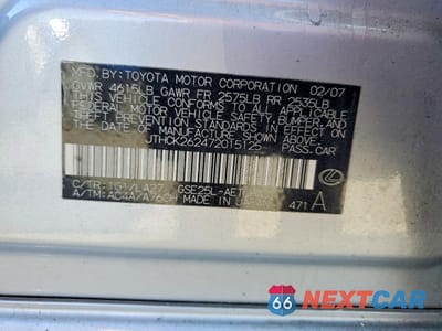 Zdjęcie 12 z 12 samochodu: 2007 LEXUS IS 250 VIN:JTHCK262472015125 - miniatura