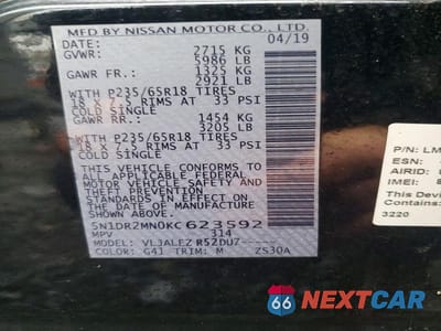 Zdjęcie 13 z 13 samochodu: 2019 NISSAN PATHFINDER SV VIN:5N1DR2MN0KC623592 - miniatura