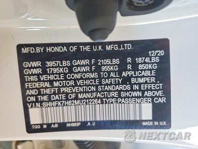 Zdjęcie 12 z 12 samochodu: 2021 HONDA CIVIC EX VIN:SHHFK7H62MU212264 - miniatura