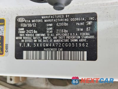 Zdjęcie 12 z 12 samochodu: 2012 KIA OPTIMA LX VIN:5XXGM4A72CG051962 - miniatura