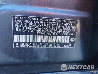 Zdjęcie 12 z 12 samochodu: 2007 LEXUS IS 350 VIN:JTHBE262175013530 - miniatura