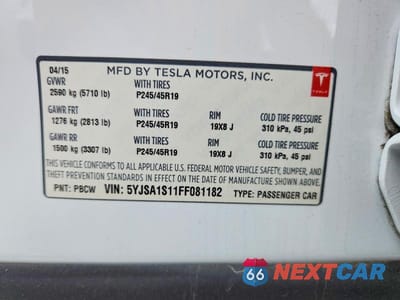 Zdjęcie 12 z 12 samochodu: 2015 TESLA MODEL S 60 VIN:5YJSA1S11FF081182 - miniatura
