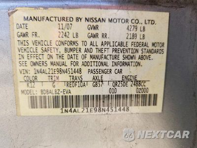 Zdjęcie 12 z 12 samochodu: 2008 NISSAN ALTIMA 2.5 VIN:1N4AL21E98N451448 - miniatura