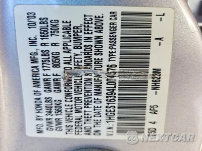 Zdjęcie 12 z 12 samochodu: 2004 HONDA CIVIC DX VP VIN:1HGES16394L004576 - miniatura