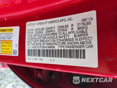 Zdjęcie 12 z 12 samochodu: 2019 HONDA ACCORD SPORT VIN:1HGCV1F33KA164508 - miniatura