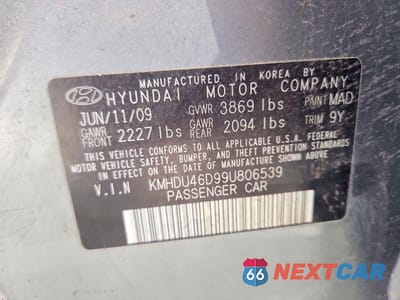 Zdjęcie 12 z 12 samochodu: 2009 HYUNDAI ELANTRA GLS VIN:KMHDU46D99U806539 - miniatura