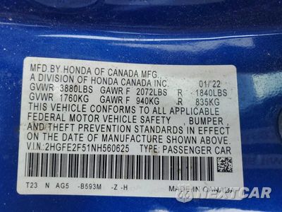 Zdjęcie 12 z 12 samochodu: 2022 HONDA CIVIC SPORT VIN:2HGFE2F51NH560625 - miniatura