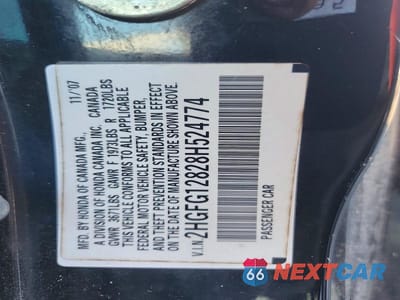 Zdjęcie 12 z 12 samochodu: 2008 HONDA CIVIC EX VIN:2HGFG12828H524774 - miniatura