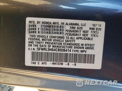 Zdjęcie 13 z 13 samochodu: 2012 HONDA ODYSSEY EXL VIN:5FNRL5H64CB036414 - miniatura