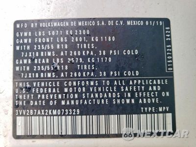 Zdjęcie 12 z 12 samochodu: 2019 VOLKSWAGEN TIGUAN SE VIN:3VV2B7AX2KM073329 - miniatura