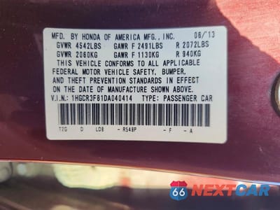 Zdjęcie 12 z 12 samochodu: 2013 HONDA ACCORD EXL VIN:1HGCR3F81DA040414 - miniatura