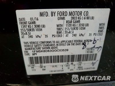 Zdjęcie 13 z 13 samochodu: 2016 FORD EXPLORER XLT VIN:1FM5K8D83GGC03539 - miniatura