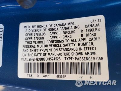 Zdjęcie 12 z 12 samochodu: 2013 HONDA CIVIC EX VIN:2HGFG3B88DH524526 - miniatura